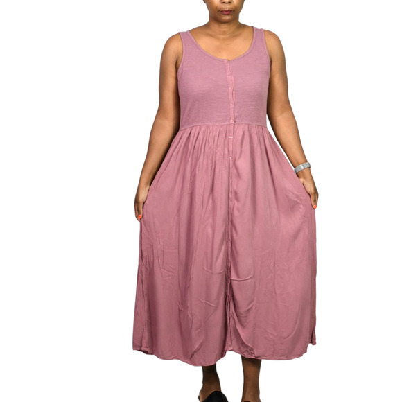 Frye Easy Button Front Dress Pink Mauve Tank Jersey Knit Pockets Rayon Medium - Picture 11 of 15